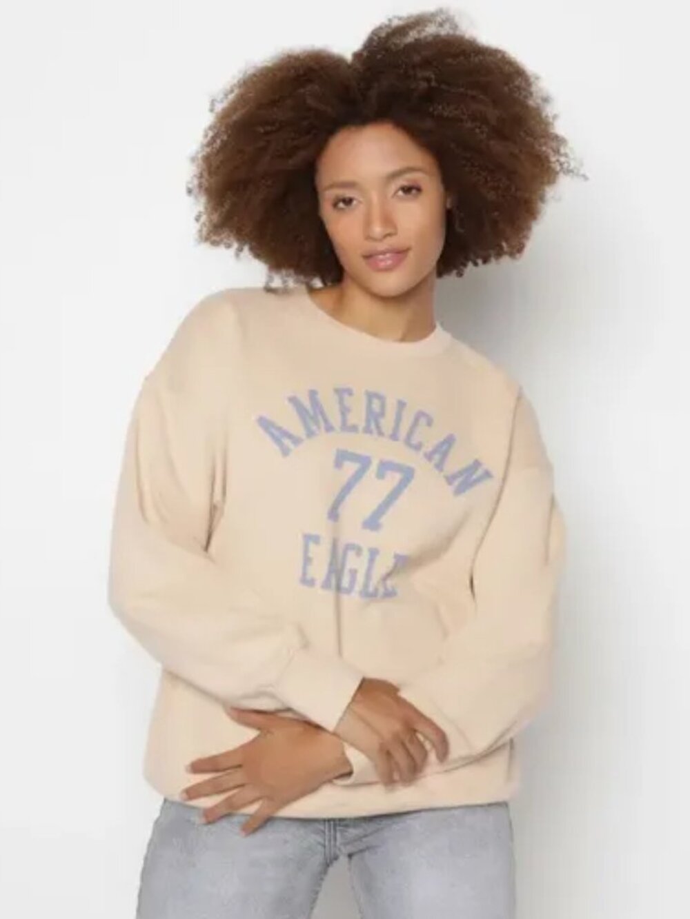 American Eagle Women's Cream Long Sleeve Crewneck Pullover Sweatshirt Size M